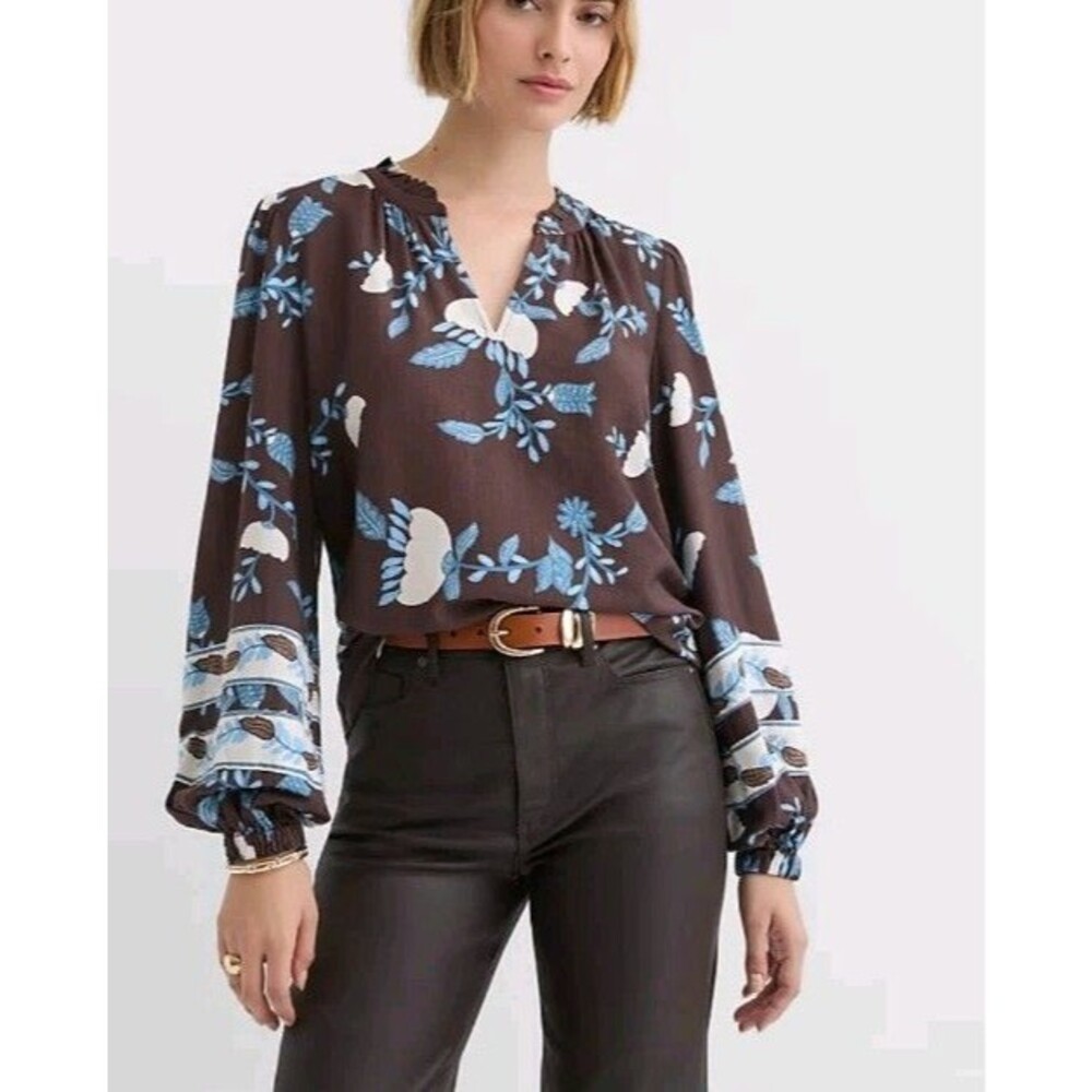 Loft Blouse Womens M Garden Ruffle Split Neck Top Brown Blue Boho Puff Slv NEW